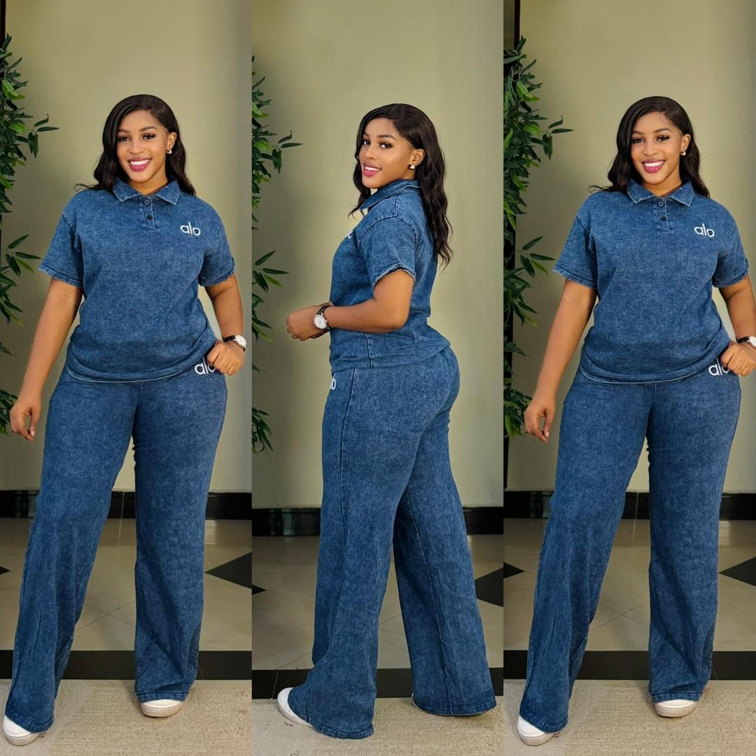 acid wash polo and wide-leg pant co-ord set