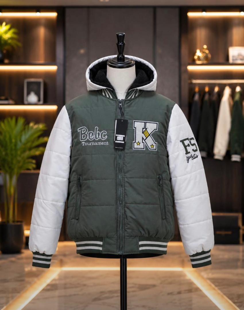 hooded puffer varsity jacket
